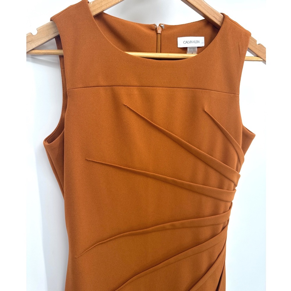 Calvin Klein Sheath Midi Dress Women's 4 Orange Rust Sunburst Pleated Sleeveless - Picture 4 of 9
